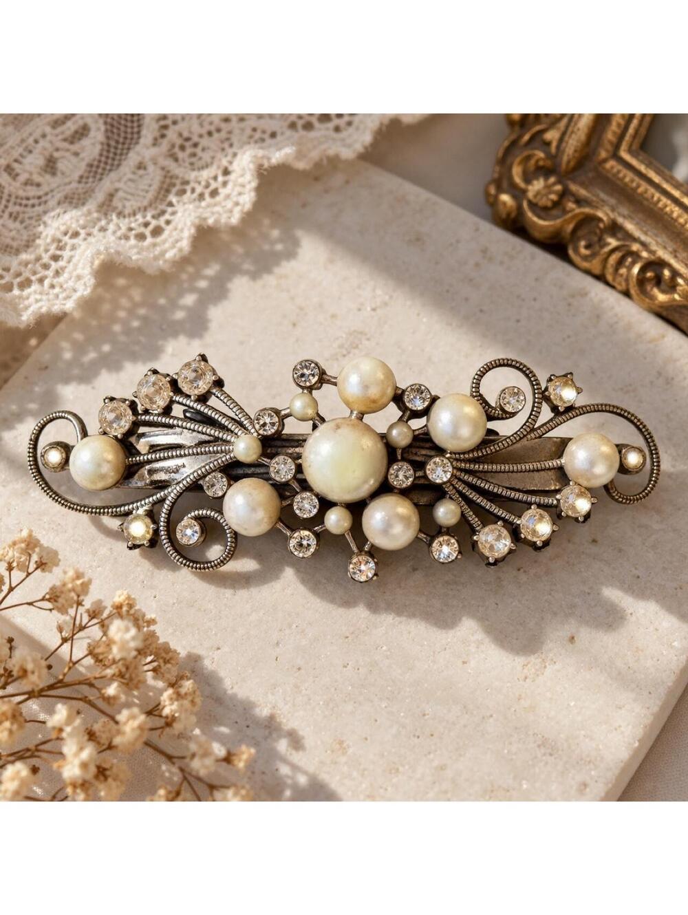 Vintage Faux Pearl Rhinestone Barrette Silver Tone Romantic Hair Clip